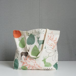 Printing Leaves Cotton Canvas Shopping Tote Bag
